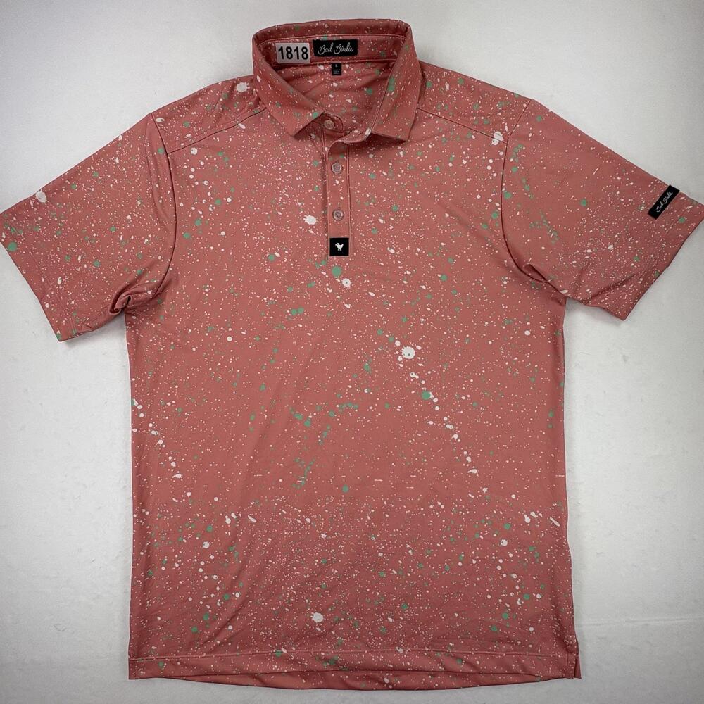 Bad Birdie Polo Shirt Mens Small Pink Paint Splatter Golf Stretch Performance